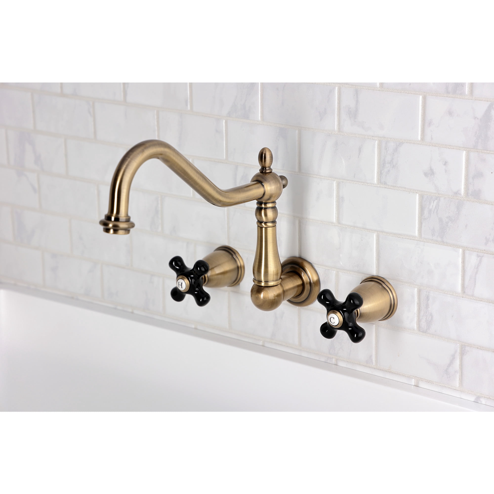 Kingston Brass KS1283PKX Duchess Double-Handle Wall-Mount Kitchen Faucet, Antique Brass