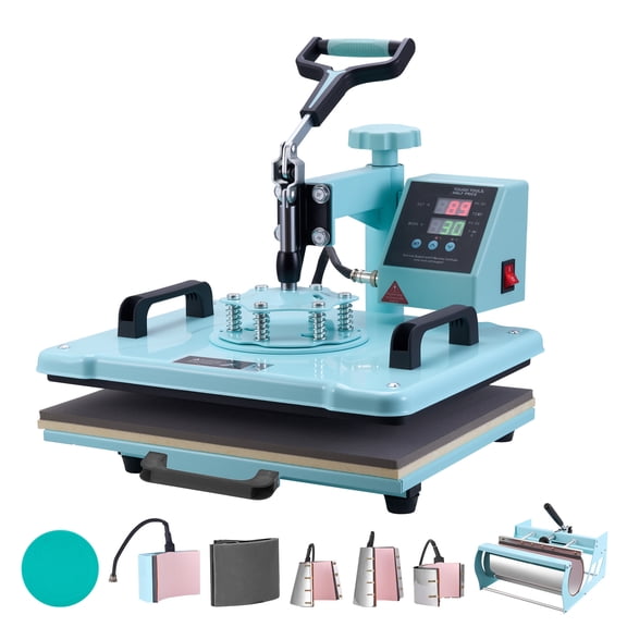 SKYSHALO Heat Press, 12x15 inch, 8-in-1 Transfer Tool, Includes 6-30 oz Cup Press, 360° Rotatable T-Shirt Application, Accurate Digital Settings, for Apparel/Mugs/Caps/Dishes, Green