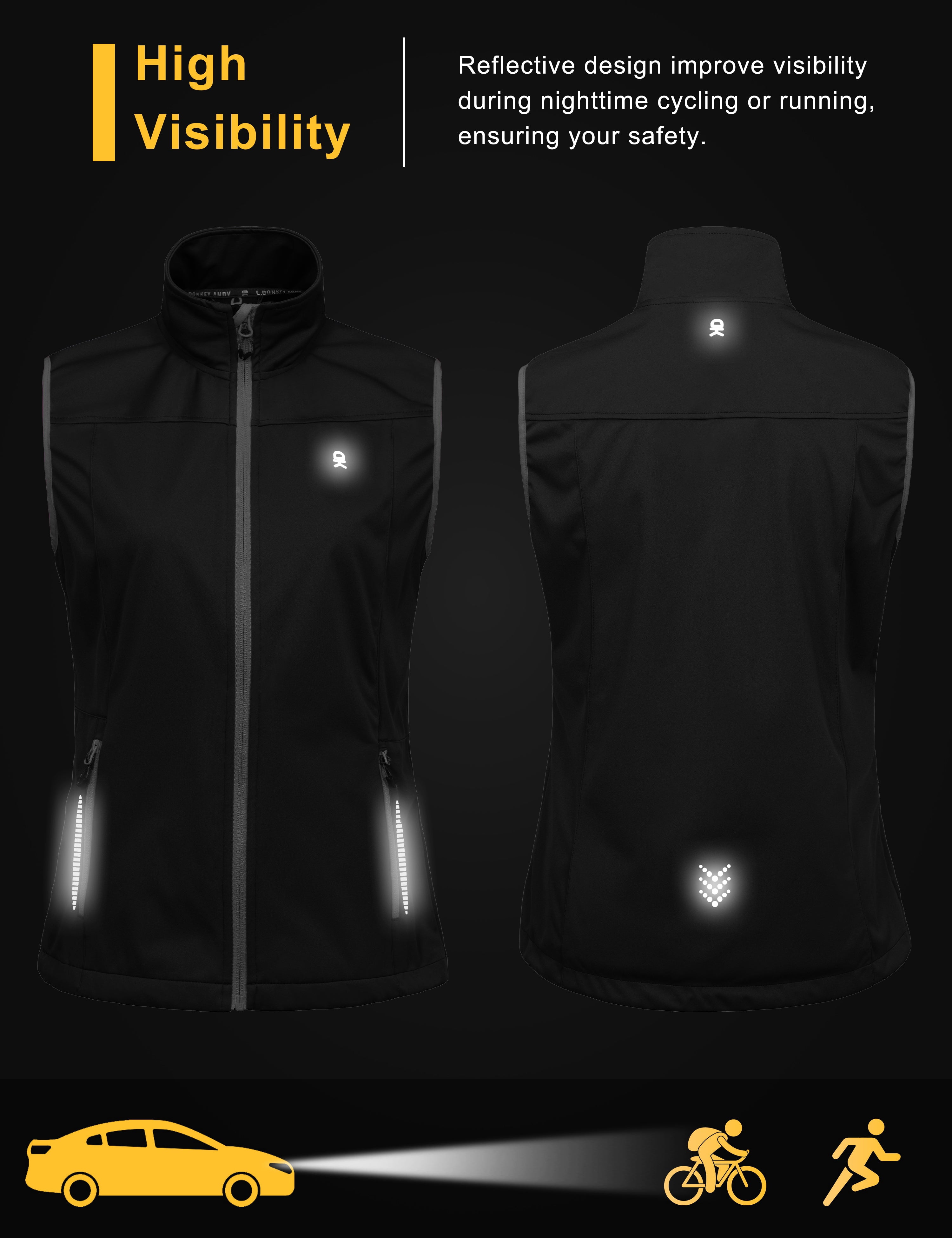 Little Donkey Andy Women's Lightweight Softshell Vest Windproof Sleeveless Jacket for Running Hiking Travel Reflective Black XL