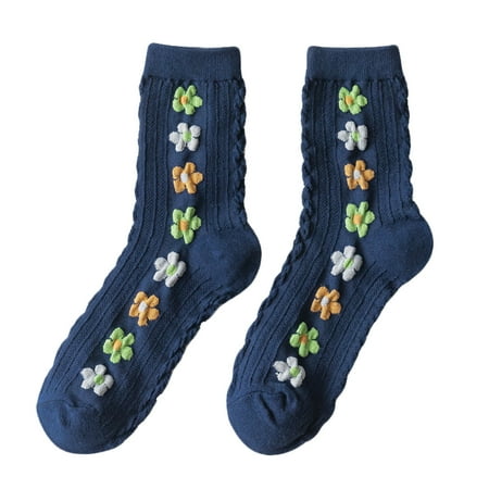 

Frehsky knee high socks Women Fashion Retro Academic Style Flower Lovely Cotton Middle Tube Socks Navy