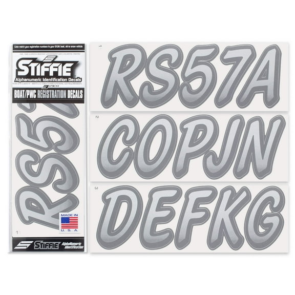 STIFFIE Whipline Metallic Silver / Carbon 3" Alpha-Numeric Identification Custom Kit Registration Numbers & Letters Marine Stickers Decals for Boats & Personal Watercraft PWC