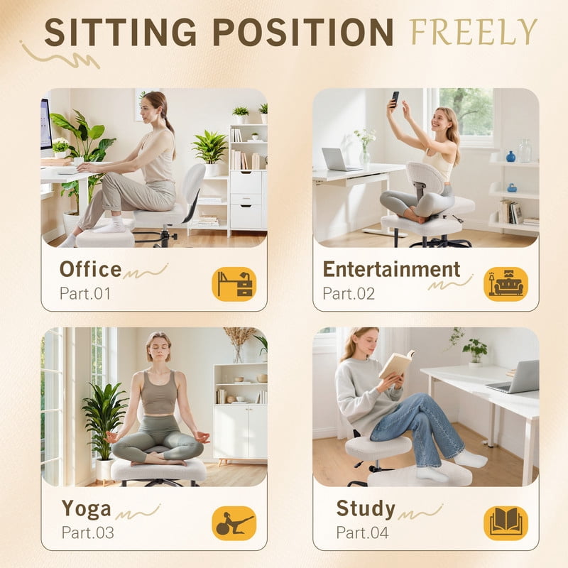 Homall Ergonomic Cross Legged Chair,360°Swivel Wheels, Height Adjustable Ergonomic Kneeling Desk Chairs for ADHD,Meditation ,Yoga and Home Office with Strong Lumbar Support,Teddy Fabric,Off White