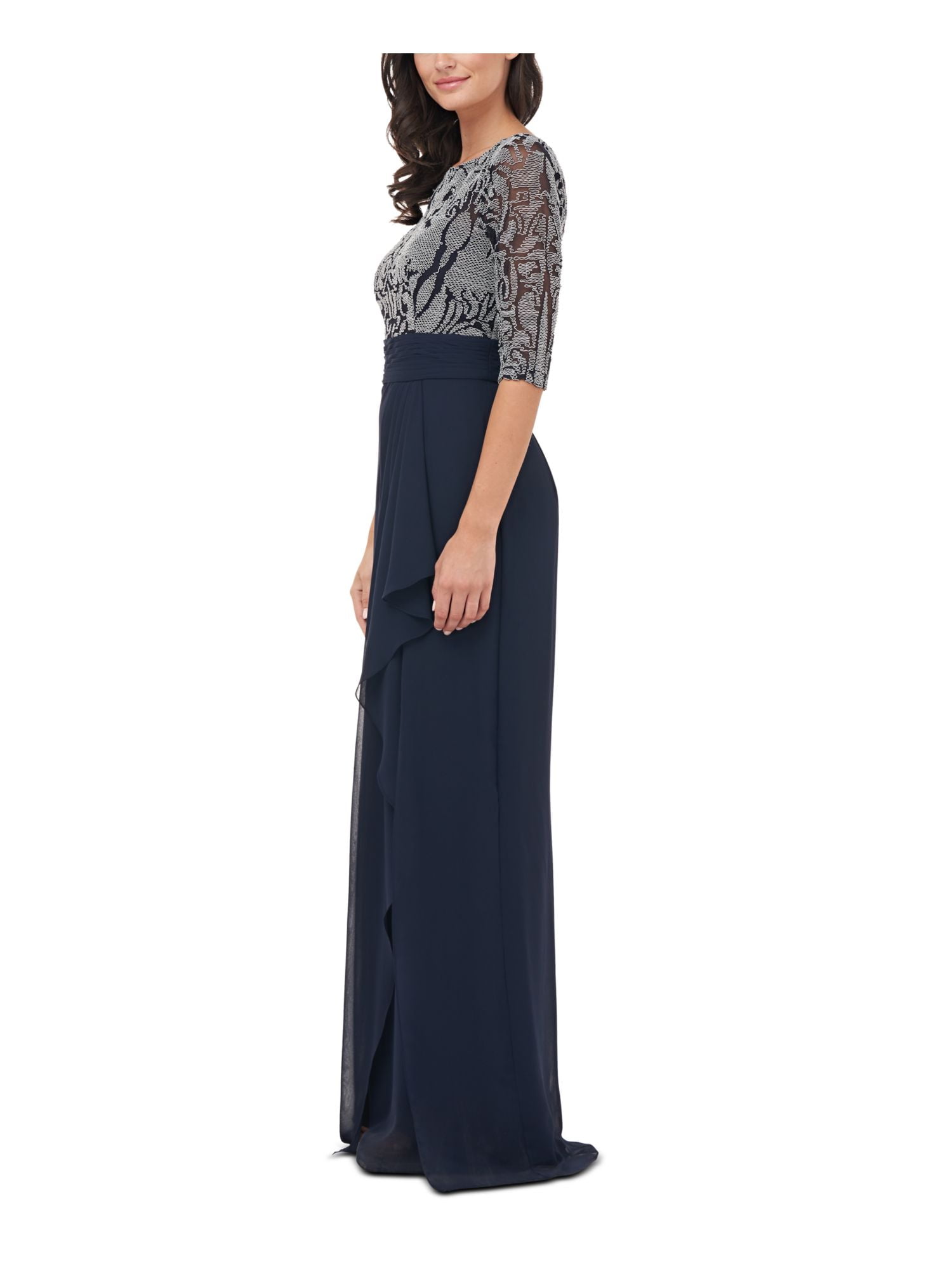 JS COLLECTION Womens Navy Faux Wrap Skirt Elbow Sleeve Formal Gown