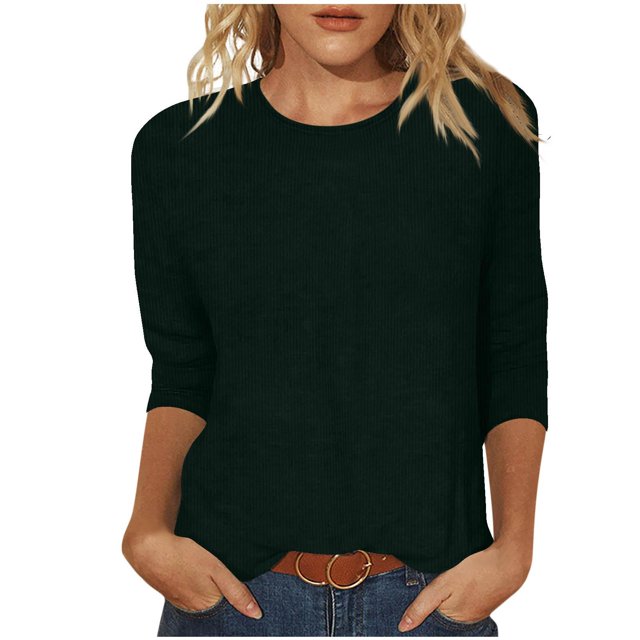 Kaemgyyd Corduroy Tops for Womens 3/4 Sleeve Round Neck Fall Winter Basics Tees Loose Solid Color Ribbed T Shirts Clothes