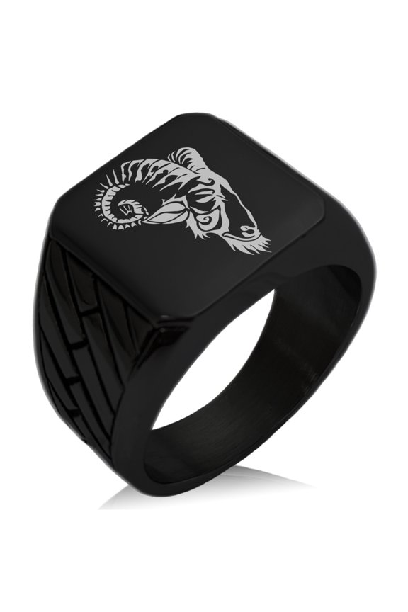 Stainless Steel Celestial Satyr Goat Geometric Pattern Biker Style Polished Ring