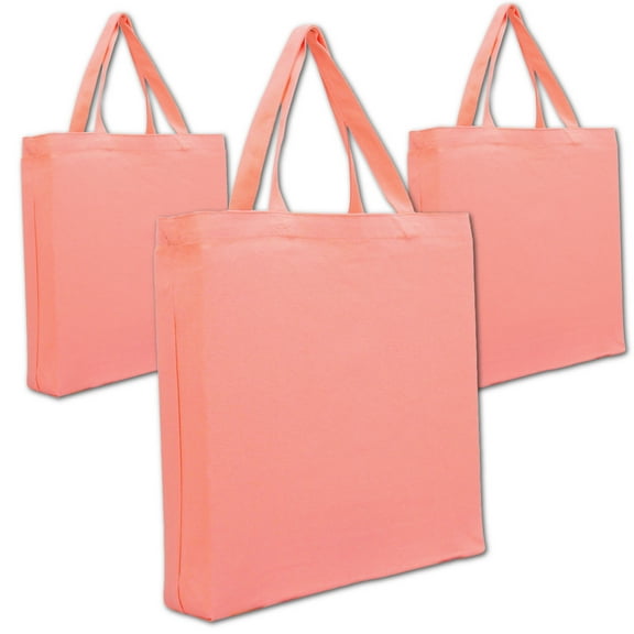 Premium Canvas Tote Bags | Pack of 3 | Several Color Options | Heavy Duty 100% Cotton With Handles Holds up to 40lbs | Eco Friendly | Large Size 14.5x17x3" - Coral