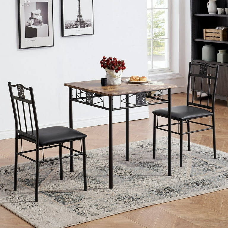 3-Piece Dining Table Sets with 2 Black Chairs for Kitchen, Dinette,  Breakfast Nook, Brown
