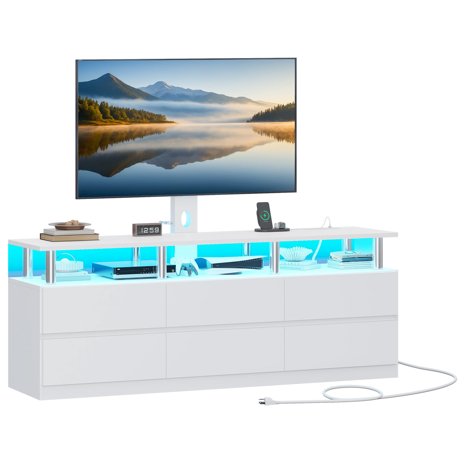 Afuhokles TV Stand with Mount and Power Outlet, TV Mount for up to 75 inch TVs, Modern LED TV Stand with 6 Drawers, White