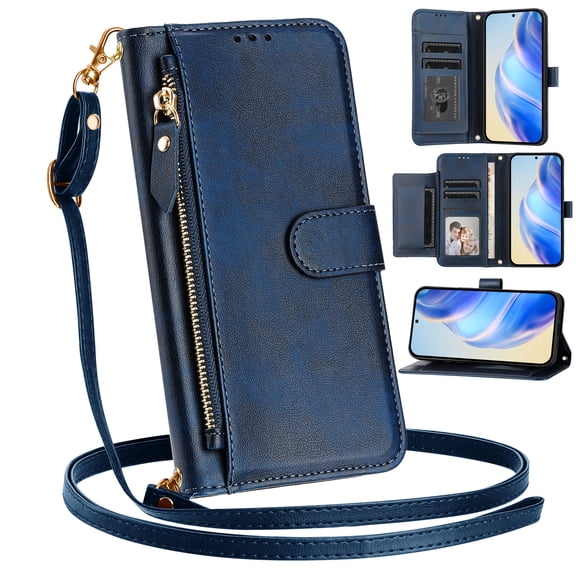ShellTech Zipper Wallet Case for iPhone 15 Pro Max,Magnetic Closure Premium Leather Card Slots Wallet Case with Crossbody Shoulder Strap / Wrist Strap Shockproof Kickstand Cover,Blue
