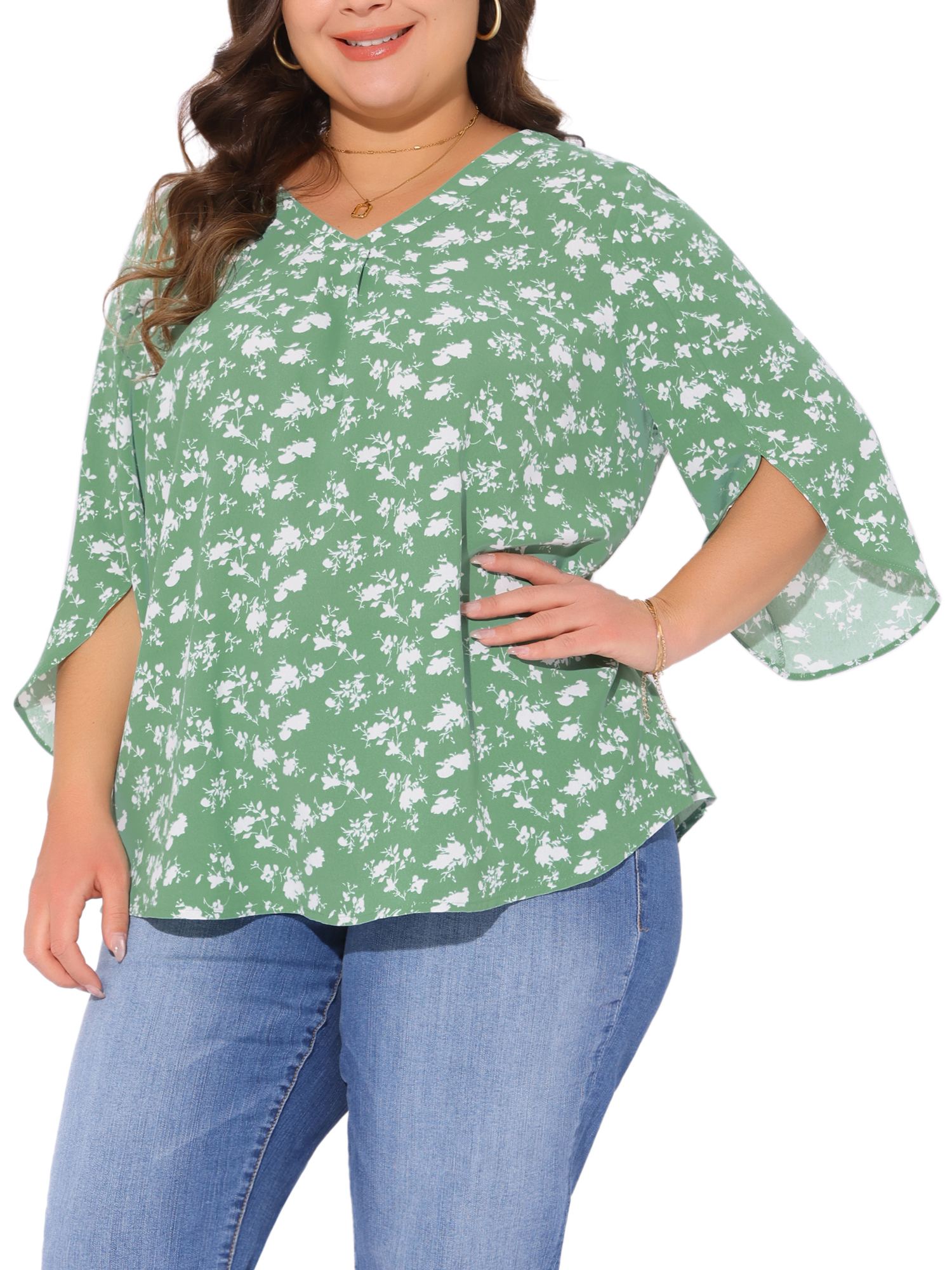 Women's Plus Spring Tops 3/4 Sleeve V Neck Chiffon Work Dressy Casual Shirt 4X Green