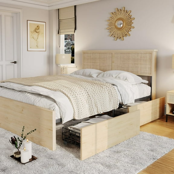 Brafab Natural Rattan Full Size Bed Frame with Wooden Headboard and 4 Storage Drawers, Boho Natural Wood Bedframe Cane Oak Metal Platform Beds with Strong Wooden Slat, Noise Free