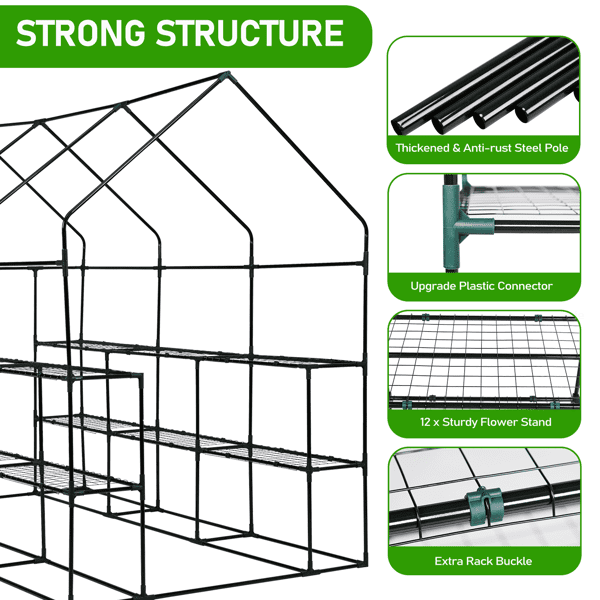 Alvantor Large Walk-In Greenhouse with PE Cover, 12-Shelf Indoor Outdoor Garden Plant Shelves, Roll-Up Door & Side Windows, 56"x85"x77"