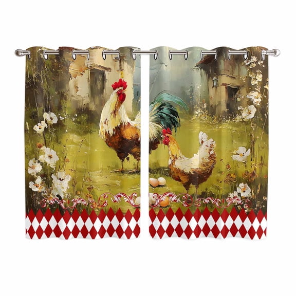 Farmhouse Rooster Kitchen Curtains 72 Inch Length, Vintage Rustic Plants Oil Painting Grommet Top Bedroom Living Room Curtains, Light Filtering Cafe Curtain Drapes 2 Panels Set 104''x72''