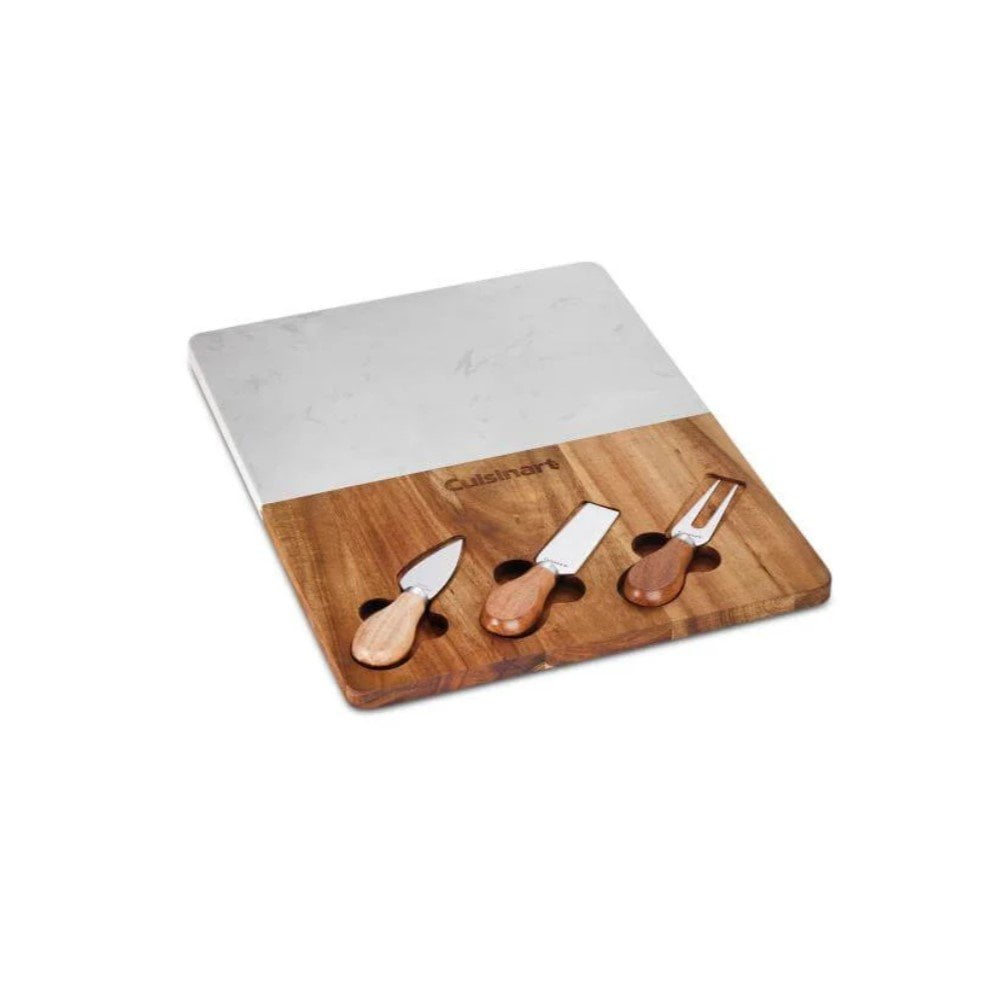 Acacia Wood and Marble Cheeseboard with Iron Handles and Cheese Knife Set