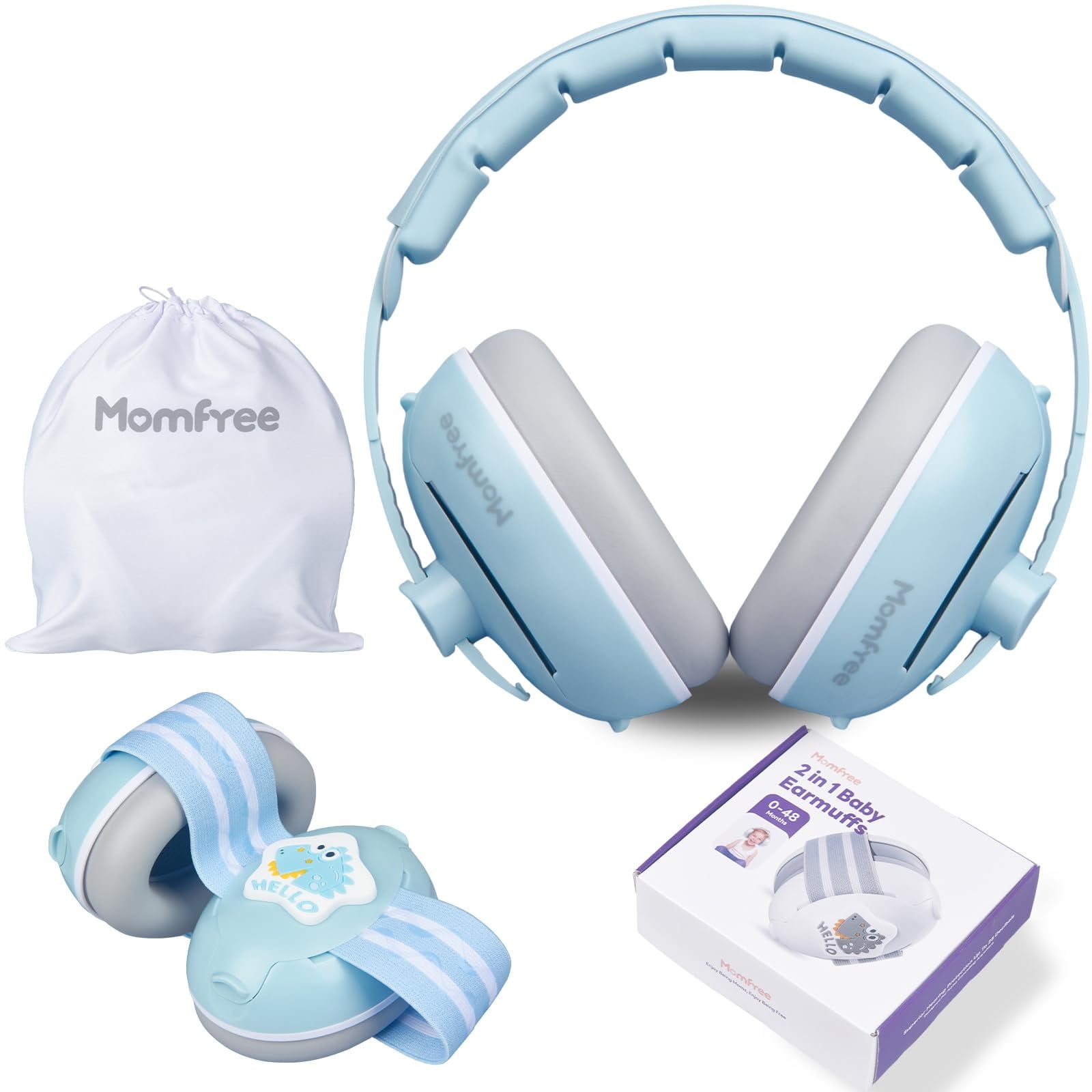 Momfree 2 in 1 Baby Ear Muffs, Noise Reduction Earmuffs & Adjustable Headband for Baby, Hearing Protection Headphone,Blue