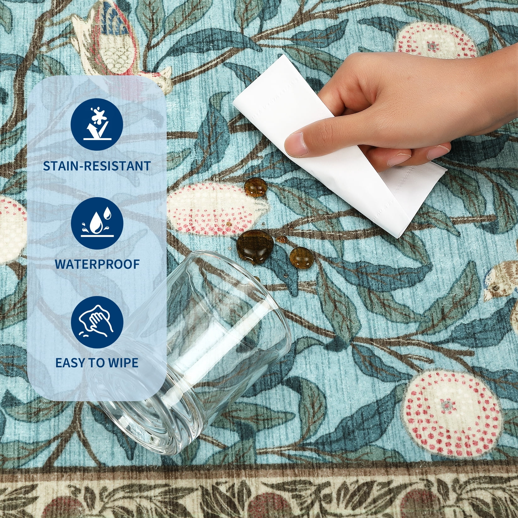 Hasoo Washable Area Rugs 9' x 12' Rug for Living Room Floral Modern Non Slip Throw Indoor Carpet, Light Blue