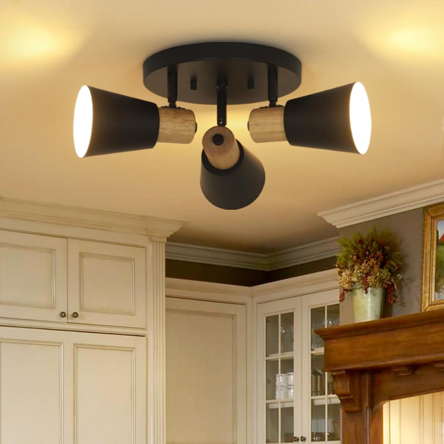 Industrial Flush Mount Ceiling Light Fixture, 3-Lights Multi-Directional Rotating Ceiling Lamp, Metal Black Kitchen Light Fixtures Ceiling Mount, Vintage Bedroom Ceiling Lights for Hallway