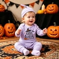 thumbnail image 2 of CUZIBR Boys Halloween Outfits Pumpkin Letter Print Baby Ribbed Three Piece Outfit Crewneck Long Sleeve Bodysuit Pants Knit Hat For Toddler Kids,c-Purple,3-6 Months, 2 of 5