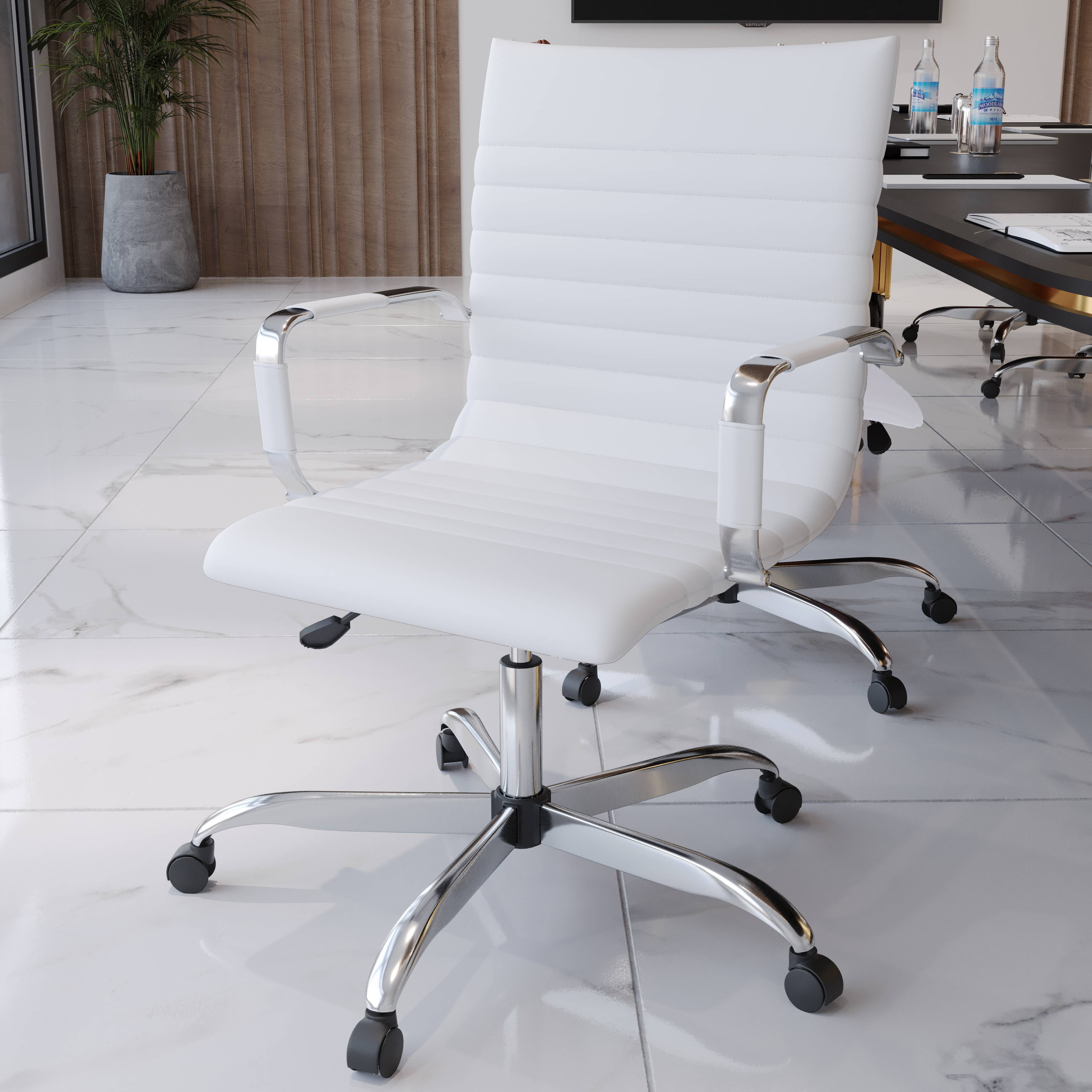 LeisureMod Harris Modern Adjustable Swivel Leather Task Office Chair with Tilt and Ergonomic Design, White
