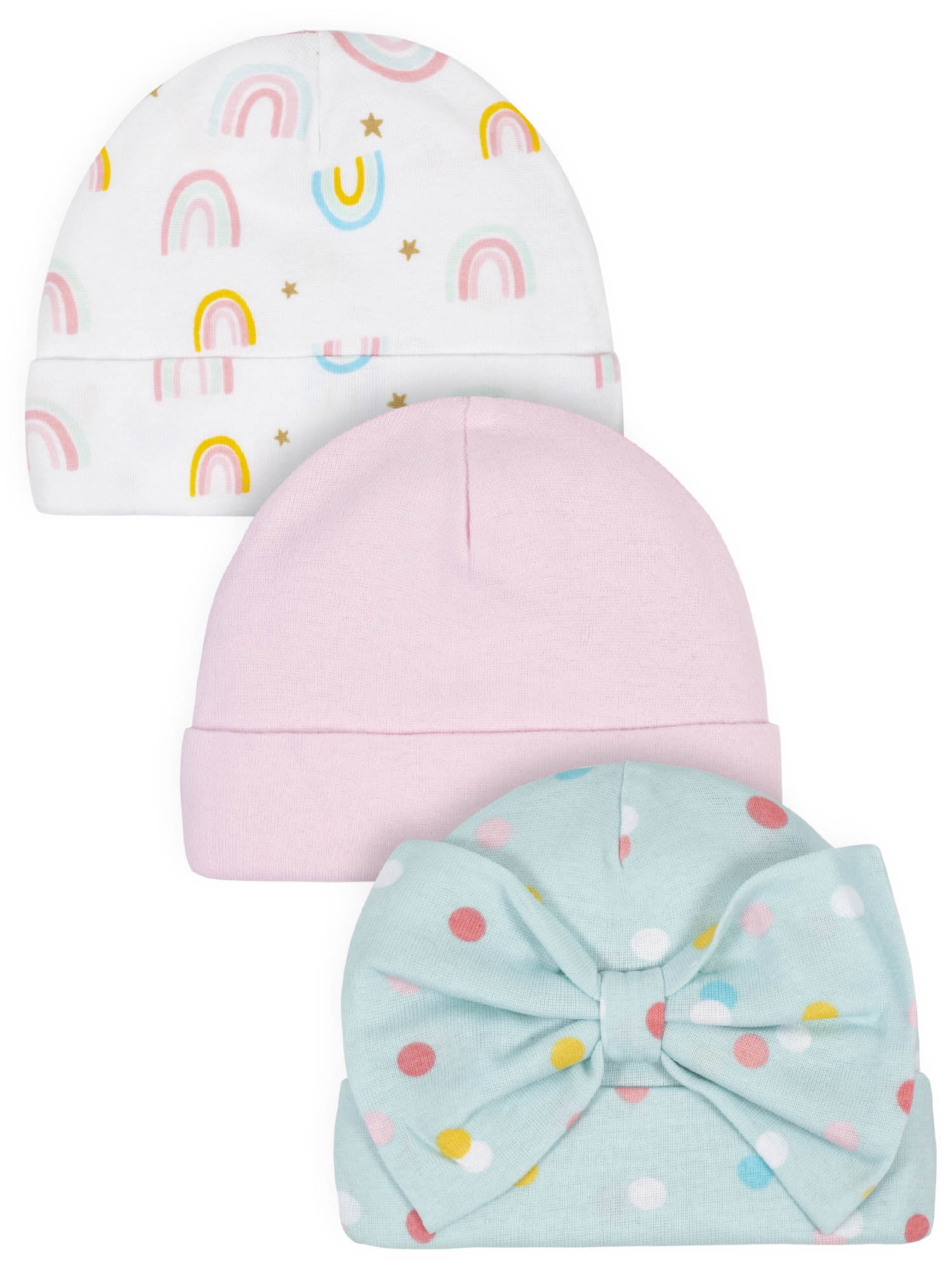 Pink GERBER NEWBORN BABY GIRL'S 3-Pack Cotton Caps Hats NWT FLOWERS 
