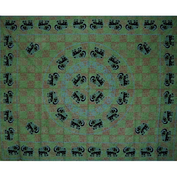 Mandala Elephant Tapestry Cotton Bedspread 108" x 88" Full-Queen Green