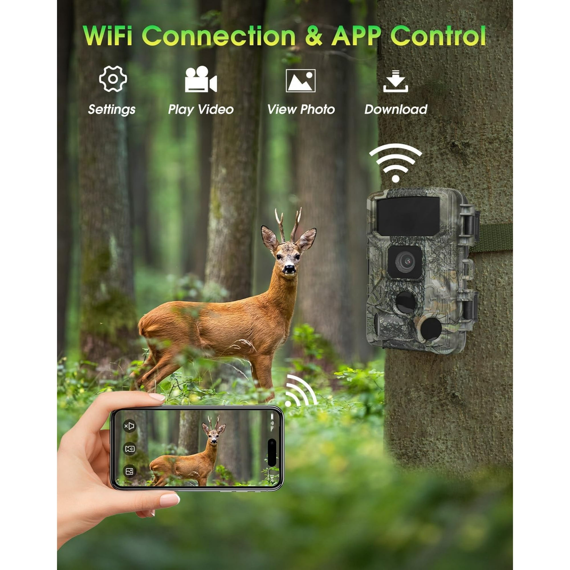 KJK Trail Camera,WiFi Trail Cam 4K 64MP Game Camera 64GB Memory Card 8 Batteries with Night Vision, IP67 Waterproof, 0.05s Trigger Speed and 130°Wide-Angle 45pcs Infrared LEDs for Wildlife Monitoring