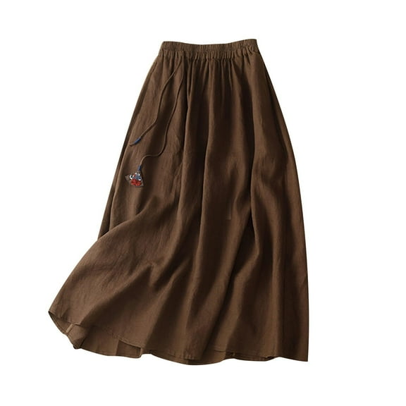 Whlbf Womens Skirts Midi Length Plus Size,Womens Summer Solid Embroidery Elastic Waist Cotton Linen Ankle Skirt