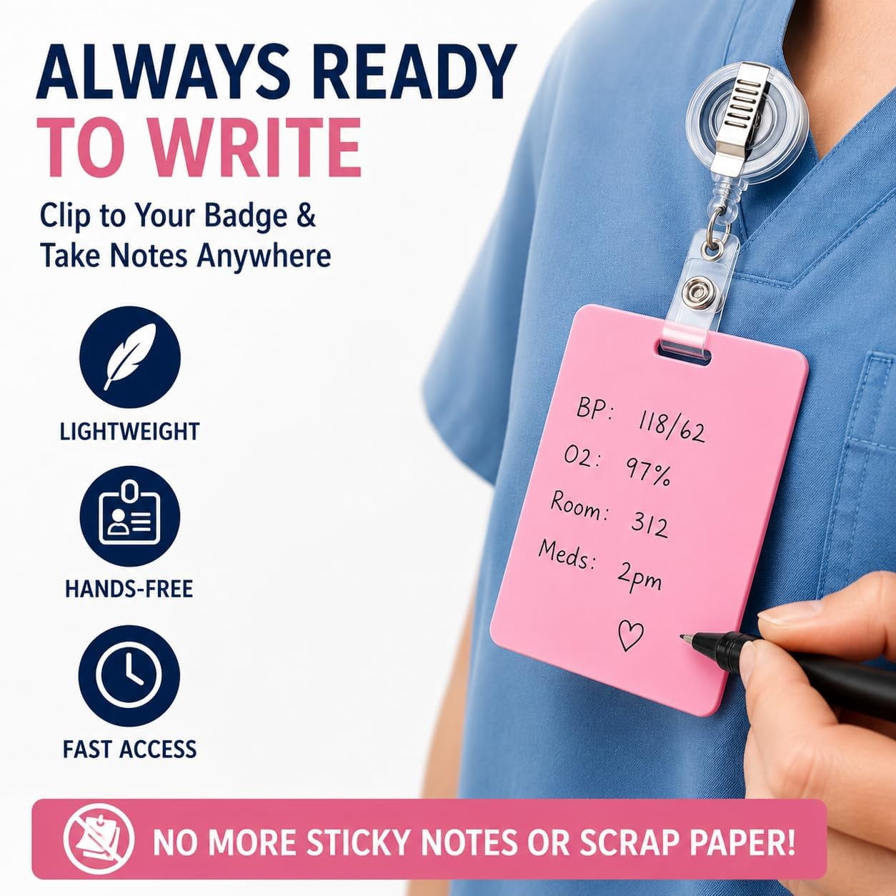 Erasable Badge Note, Erasable Silicone Badge Note, Ballpoint Pen Write & Alcohol Erasure, Reusable ID Card Badges Reel Notepad, Portable Quick Note Taking Pad for Nurses, Doctors (4pcs, Vertical)