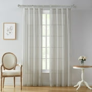 My Texas House Emerson Linen Stripe Light Filtering Tie Top Curtain Panel Pair, White, 76" x 106"