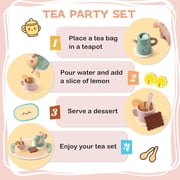 BUSY EDITION 16-Piece Wooden Tea Party Set for Toddlers 3-5 – Pretend Play Kitchen Accessories with Teapot, Cups, Coasters & Desserts