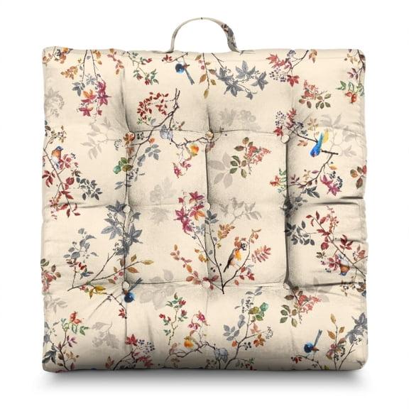 Autumn Floral Floor Pillow Large 22 Inch Square Cushion, Rustic Leaves & Blooms, Dutch Velvet for Fireplace Seating