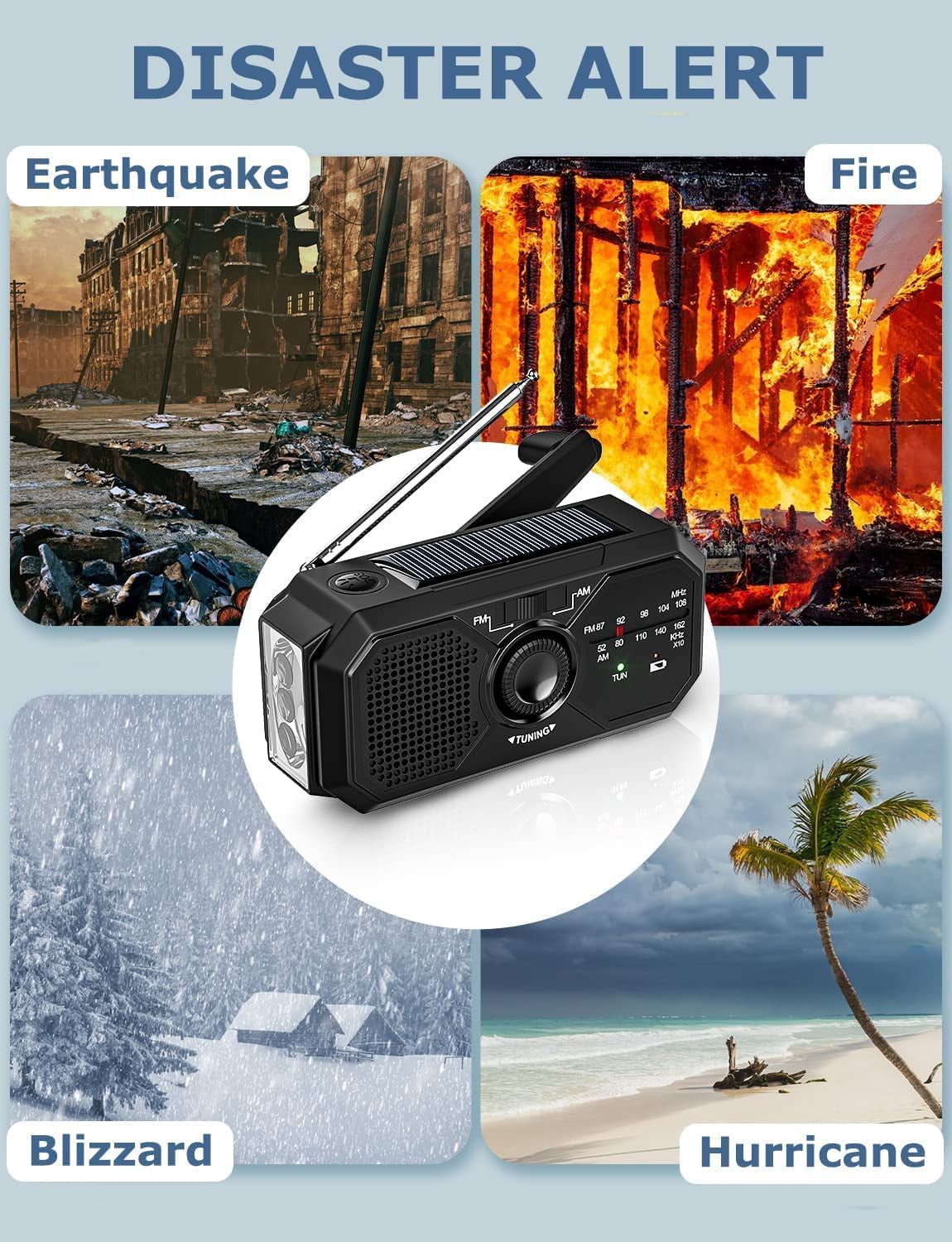 Portable AM/FM Transistor Radio, Emergency Radio with Weather Alert, Solar Radio Emergency Hand Crank with LED Flashlight for Power Outages, Camping, Survival, 3500mWh Portable Power Bank