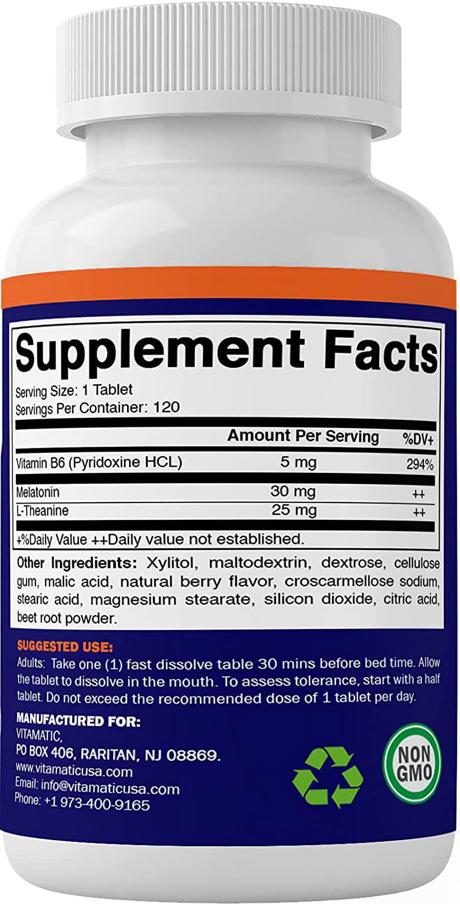 (2 pack) Vitamatic Melatonin, B6 & L-Theanine, Natural Berry, 120 Fast Dissolve Tablets