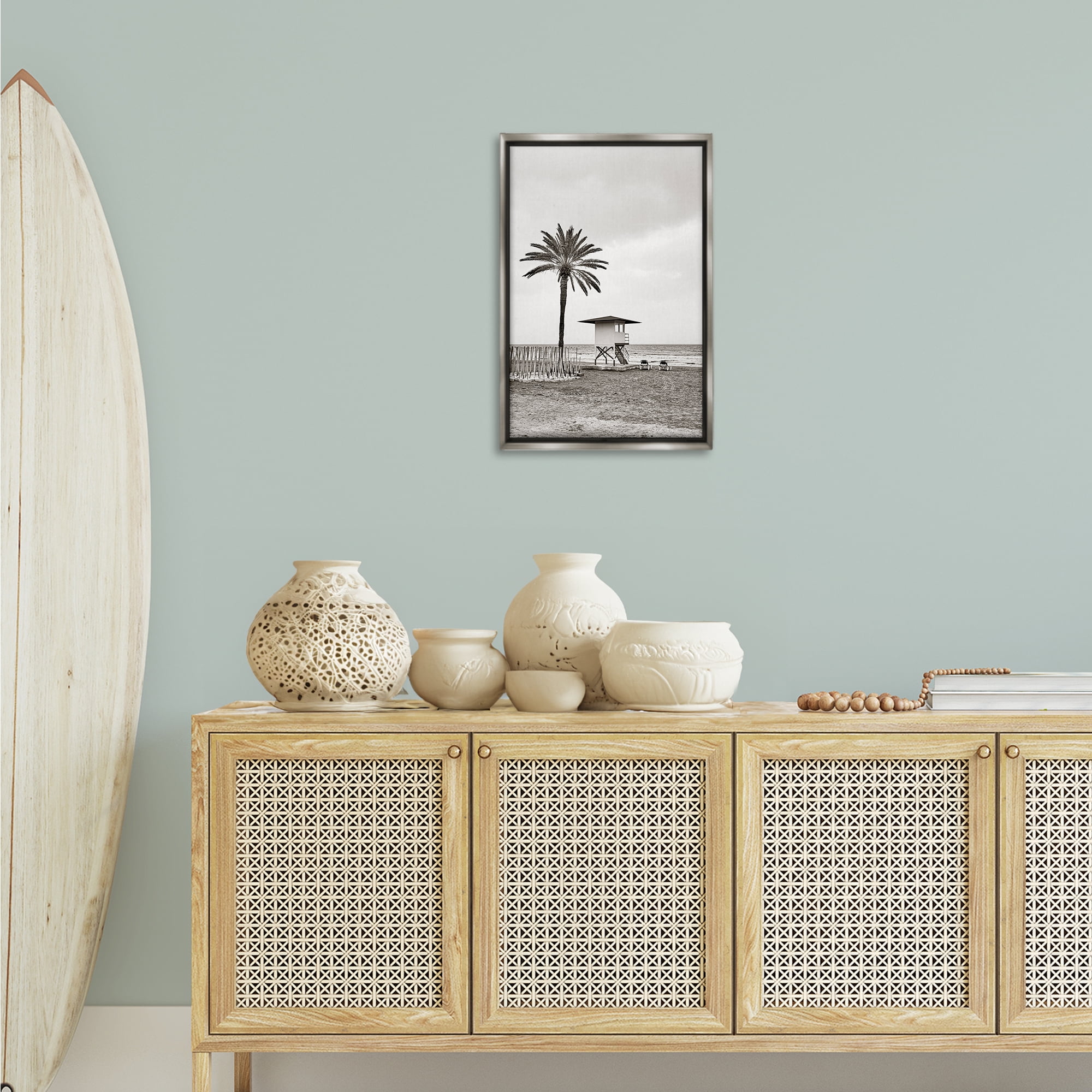 Stupell Industries Lifeguard Tower & Palm Landscape & Nature Photography Gray Floater Framed Canvas Art Print Wall Art, 17 x 25