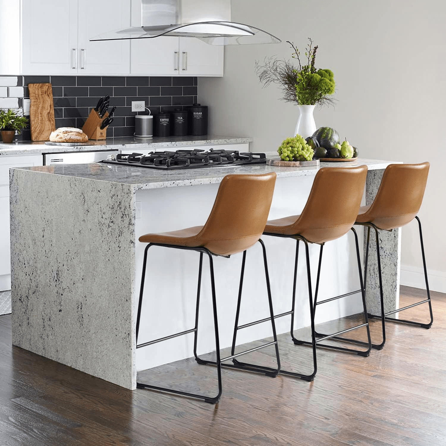 Waleaf 26 inch Bar Stools Set of 2,Counter Height Bar Stools with Back, Modern PU Leather Stools with Metal Leg and Footrest