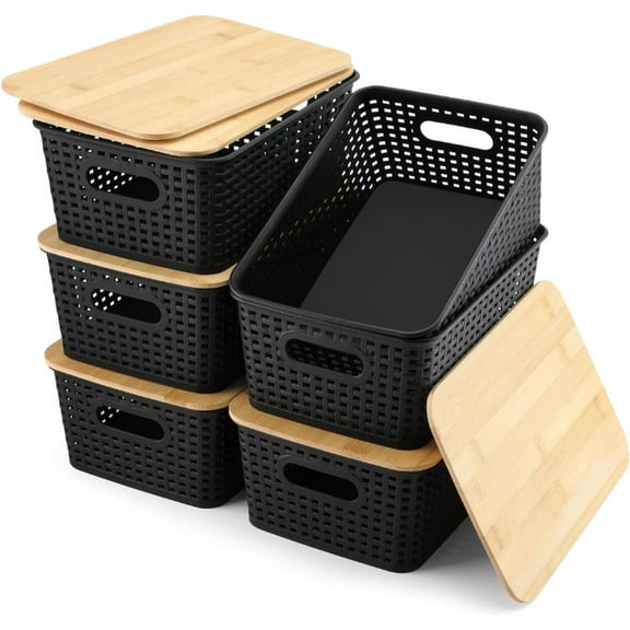 Storage Bins with Bamboo Lids Set of 6 Lidded Storage Container Plastic Baskets