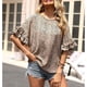 thumbnail image 3 of Camiseta con cuello redondo para mujer, estampado de leopardo, mangas cortas con volantes, blusa informal de verano holgada, color caqui XL, 3 of 8