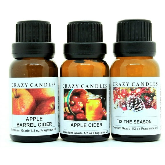 Crazy Candles 3 Bottles Set, 1 Apple Barrel Cider, 1 Apple Cider, 1 Tis The Season 1/2 fl oz Each (15ml) Premium Grade Scented Fragrance Oils