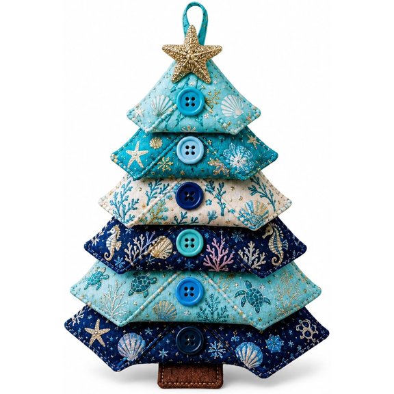 Layered Fabric Tree Ornament DIY Sewing Kit, Halloween Quilted Patchwork Seasonal Tree Kit with Button & Hanging, Festive Holiday Seasonal Handmade Art Kit for Adults Beginner(Ocean)