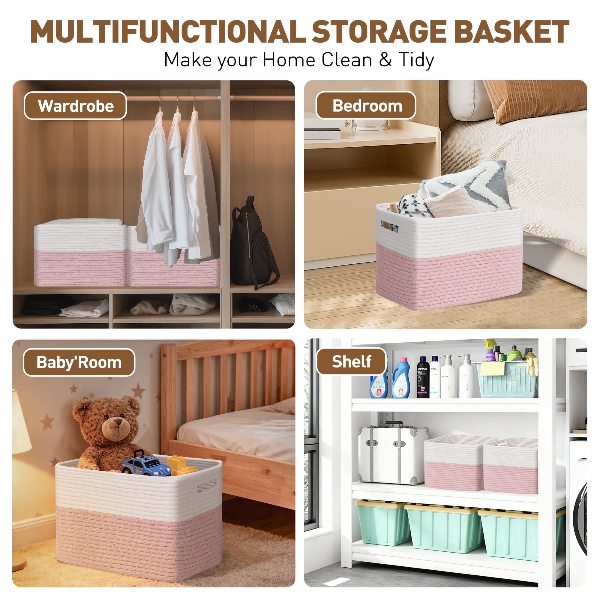 3 Pack Storage Basket, 11"x11"x9" (18L) Rectangle Woven Baskets for Storage, Cotton Rope Basket for toys, Towel Baskets, Closet Organizer Bins Shelves Organizer, Decorative Basket (Pink& White)