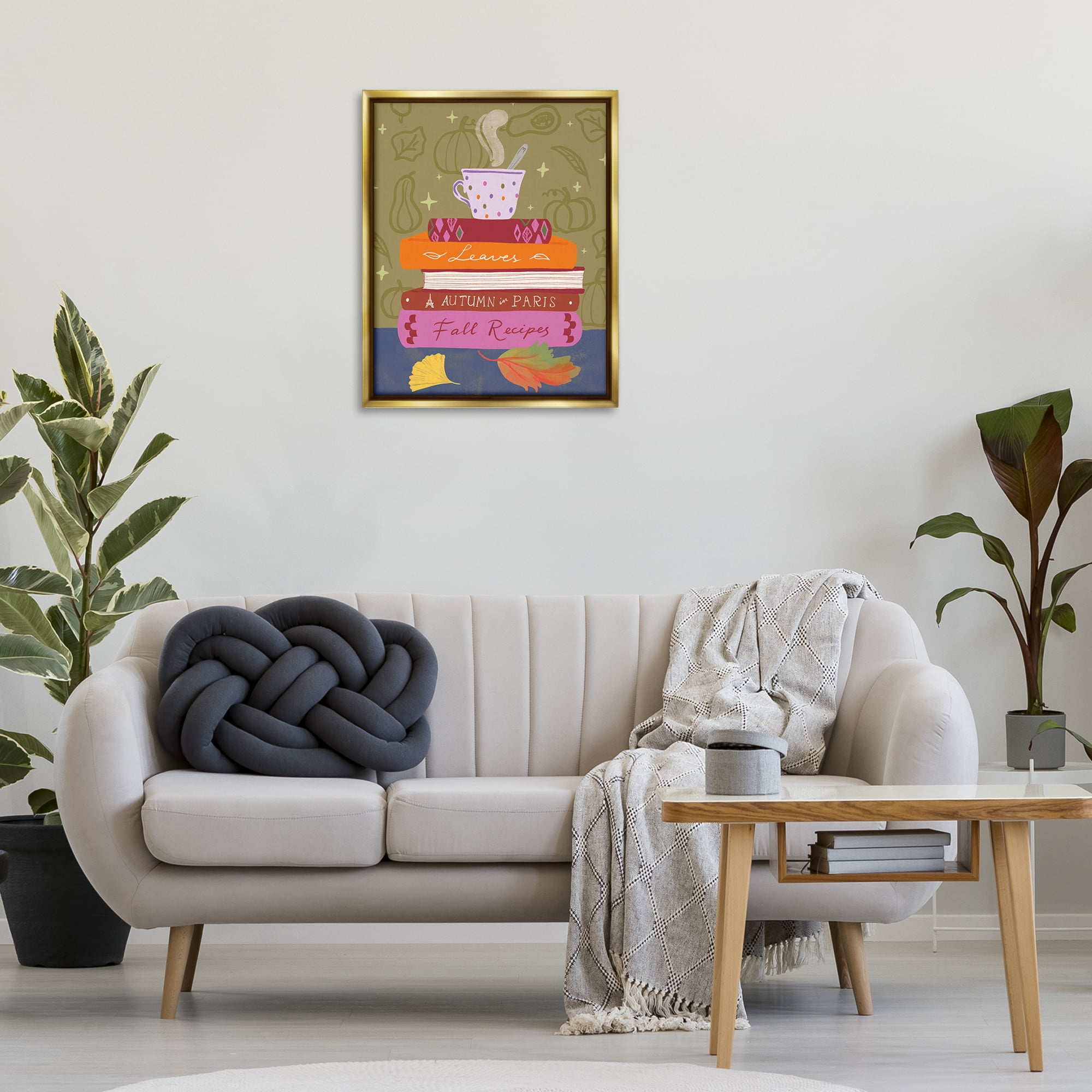 Stupell Industries Autumnal Mug on Bookstack Education Painting Gold Floater Framed Canvas Art Print Wall Art, 25 x 31