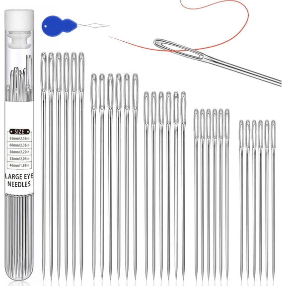 Large Eye Sewing Needles, Hand Sewing Needles, Leather Embroidery Thread Needle, Stainless Steel Yarn Knitting Quilting Needle with Threader for Crafts, Repair