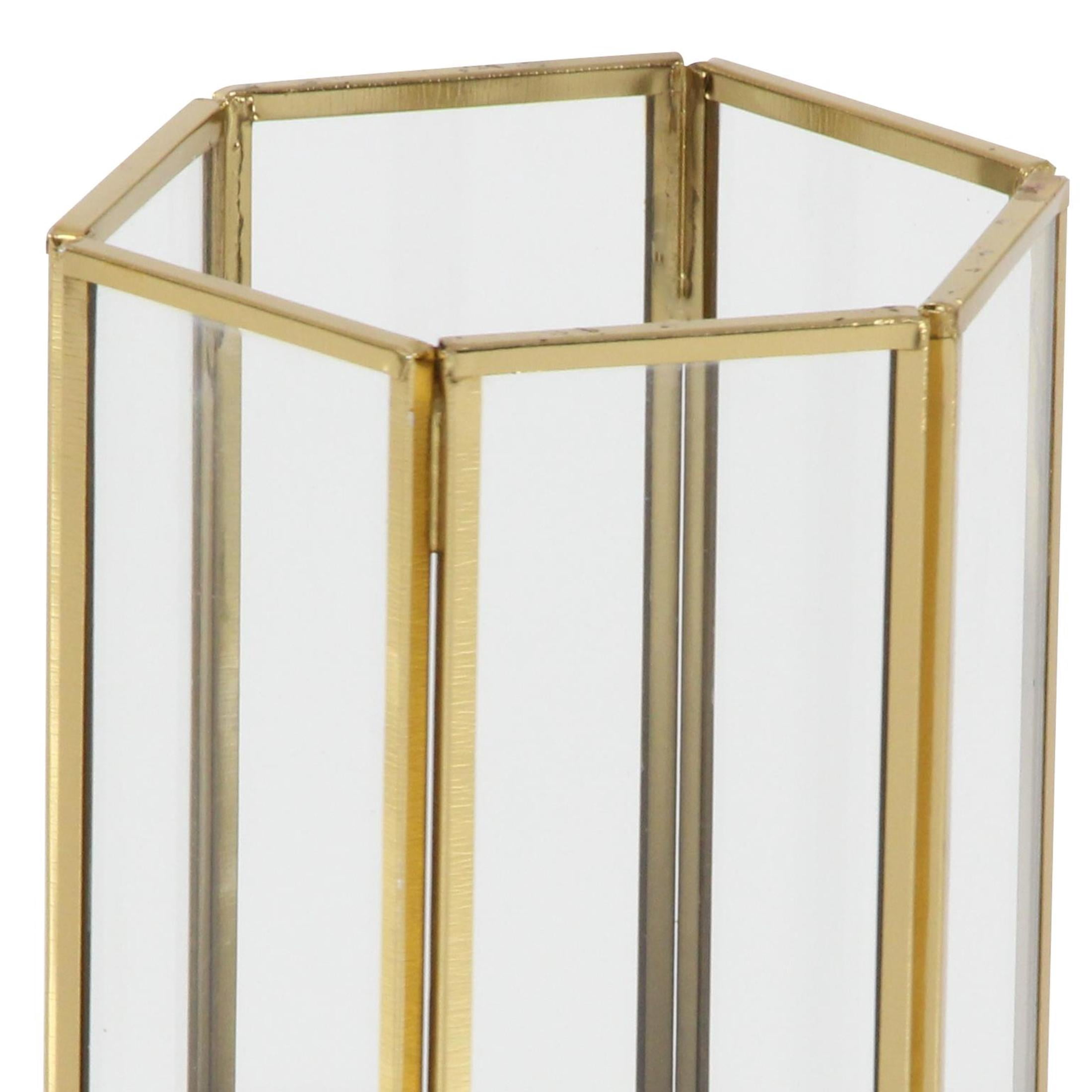 Cosmoliving by Cosmopolitan  Set of 3, 6", 8", 10"H Modern Glass Candle Holder/Lantern with Hexagon Silhouette, Metallic Gold Rims and Transparent Glass Panels