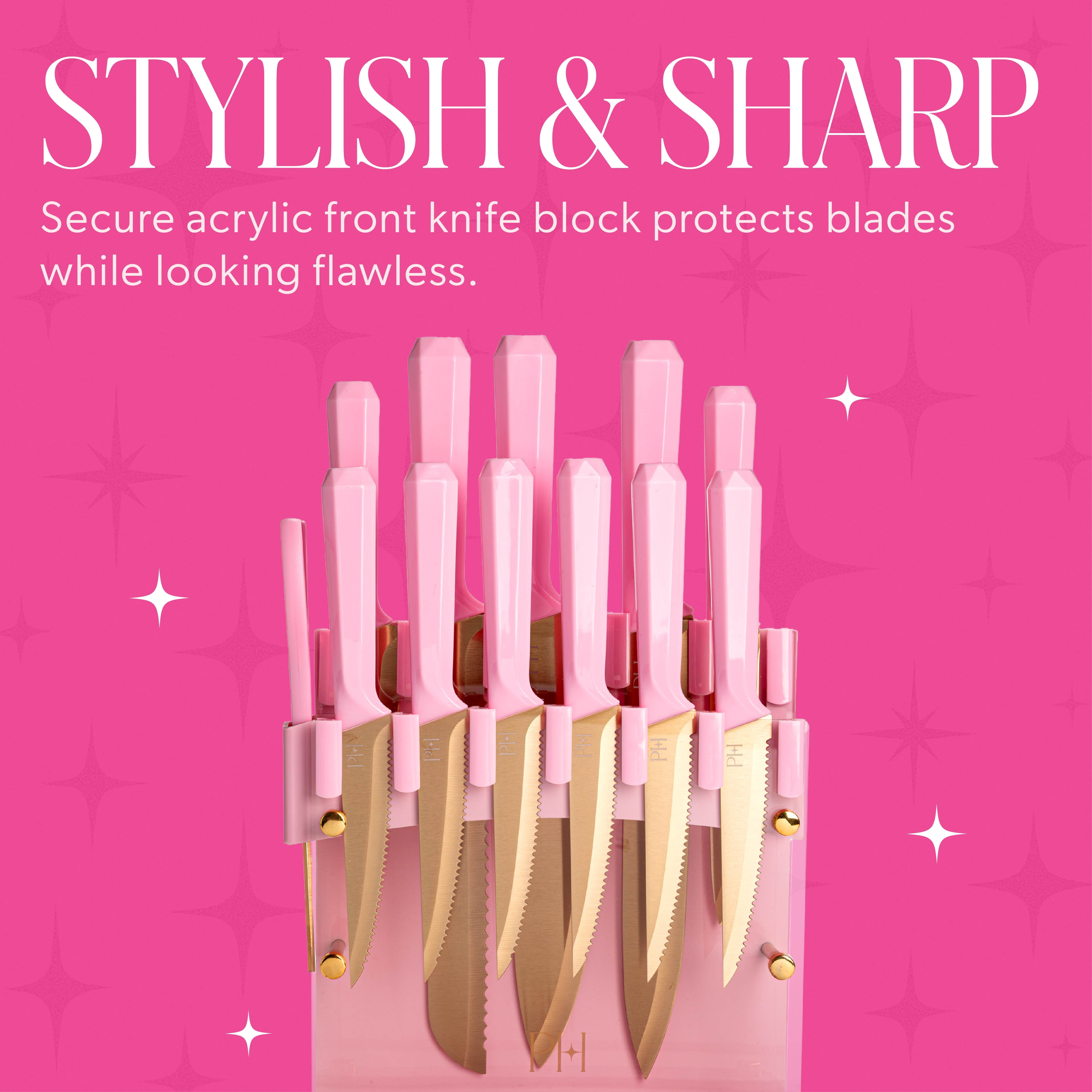 Paris Hilton 13-Piece Knife Block Set with Acrylic Shield, Gold Titanium-Coated Stainless Steel Blades, Pink Faceted Handles