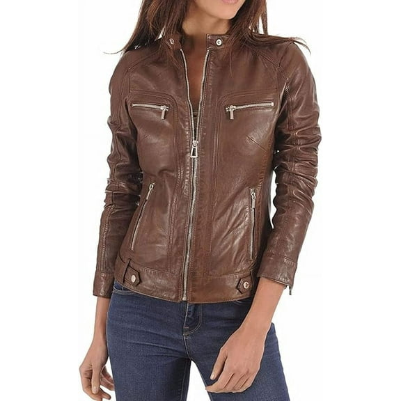 Celebrity Women's Lambskin Leather Jacket Motorcycle Slim Fit Biker W071