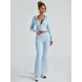 thumbnail image 3 of Womens Two Piece Knit Outfits Sweater Set Long Sleeve Zip Up Cropped Hoodie Top and Bootcut Pants Set Light Blue S, 3 of 5