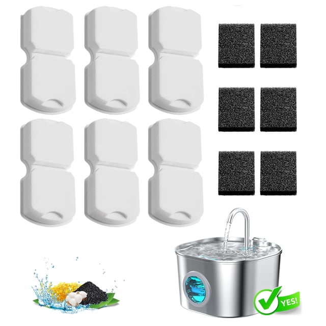 Filtros para fuente de agua para gatos HOOISE, paquete de 6, carbón y esponja