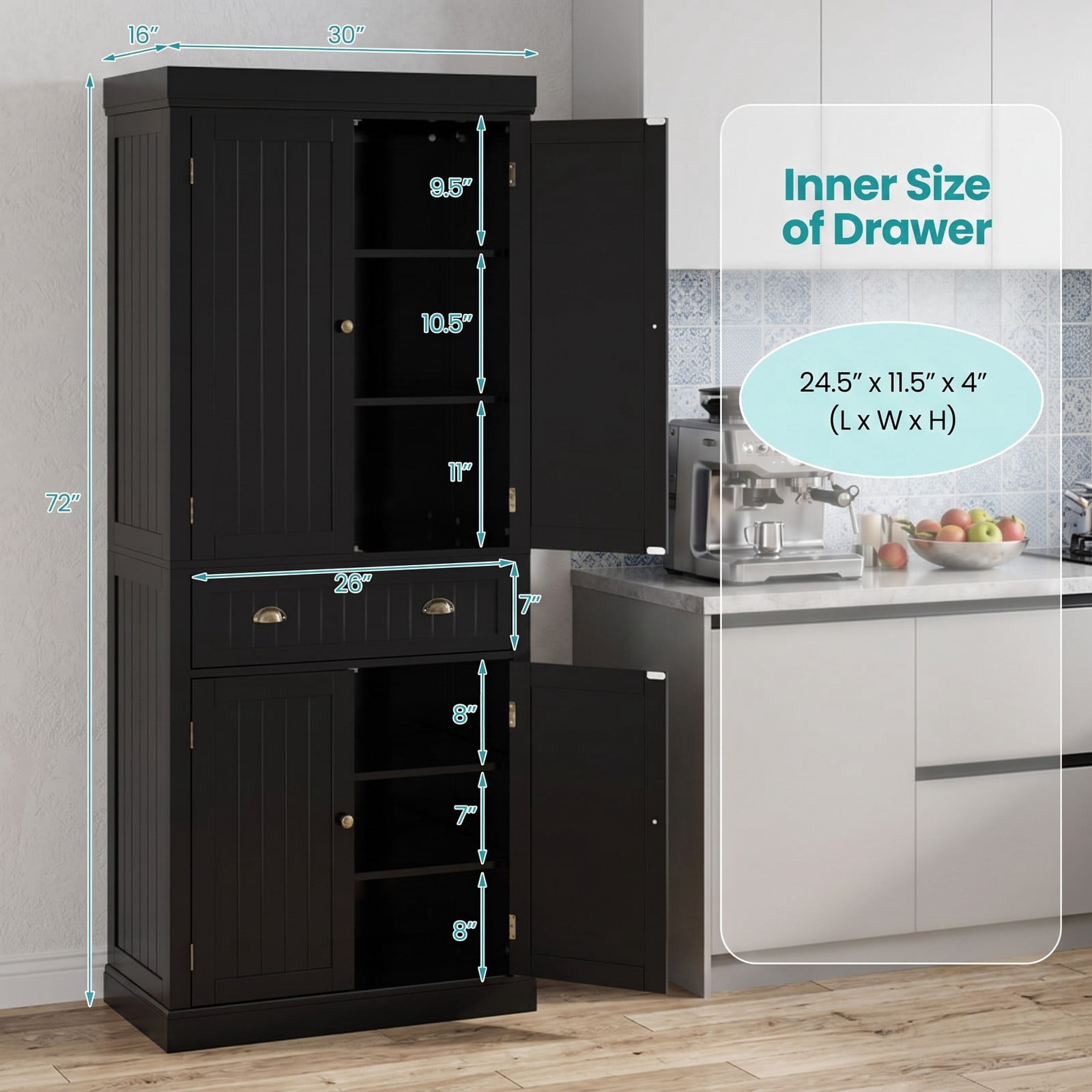 Furnibear Freestanding Tall Kitchen Pantry Cabinet with 4 Doors and Adjustable Shelves and Center Drawer for Kitchen Storage, Black