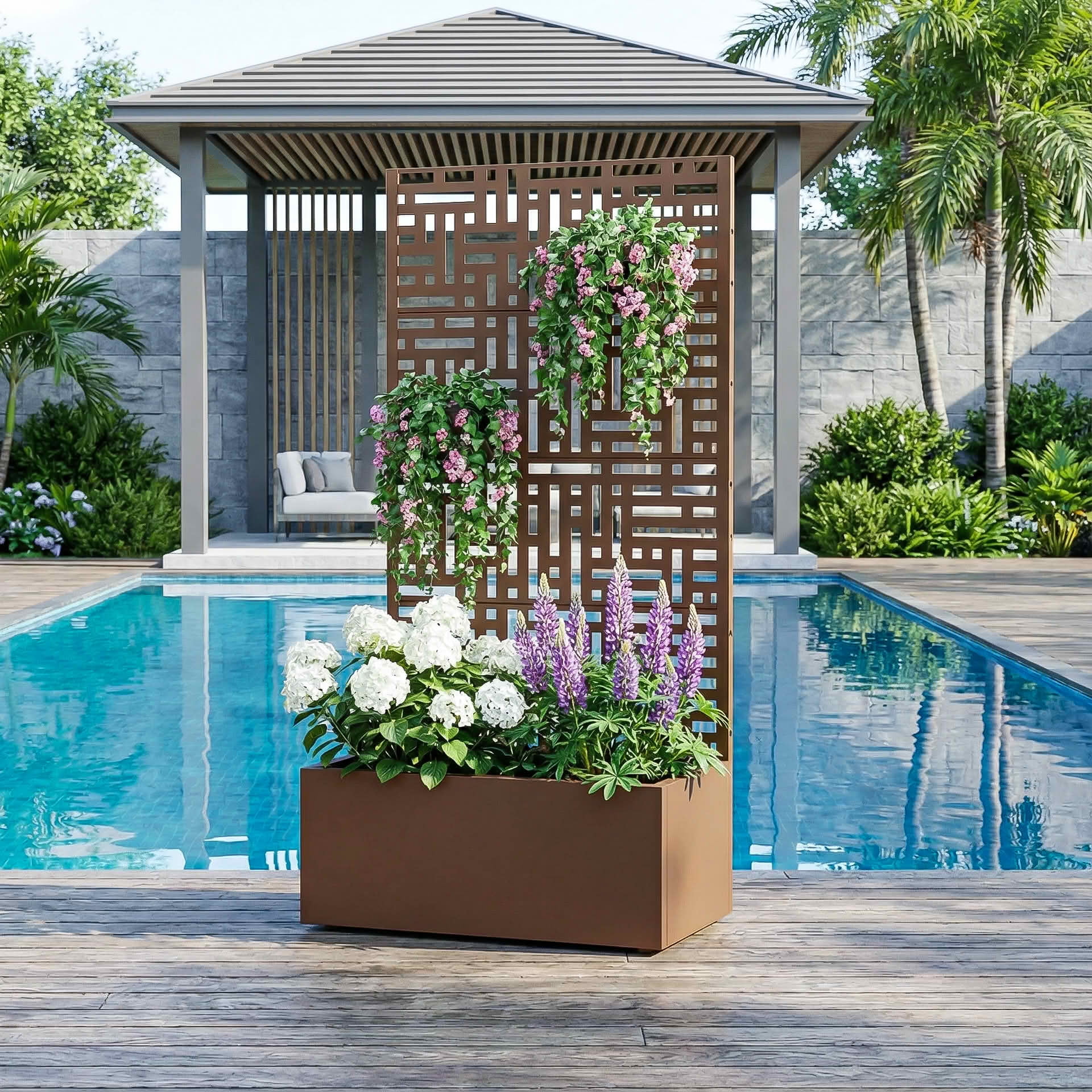 MAYEERTY 59X30" Metal Outdoor Brown Privacy Screen with Planter Box for Backyard & Garden, 4 Piece Set