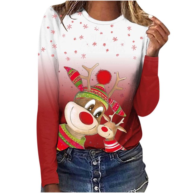 Camisas Navideñas Para Mujer Tops de Manga Larga Jersey de Cuello Redondo Informal Con Estampado de Ciervos en 3D Odeerbi ODB199769